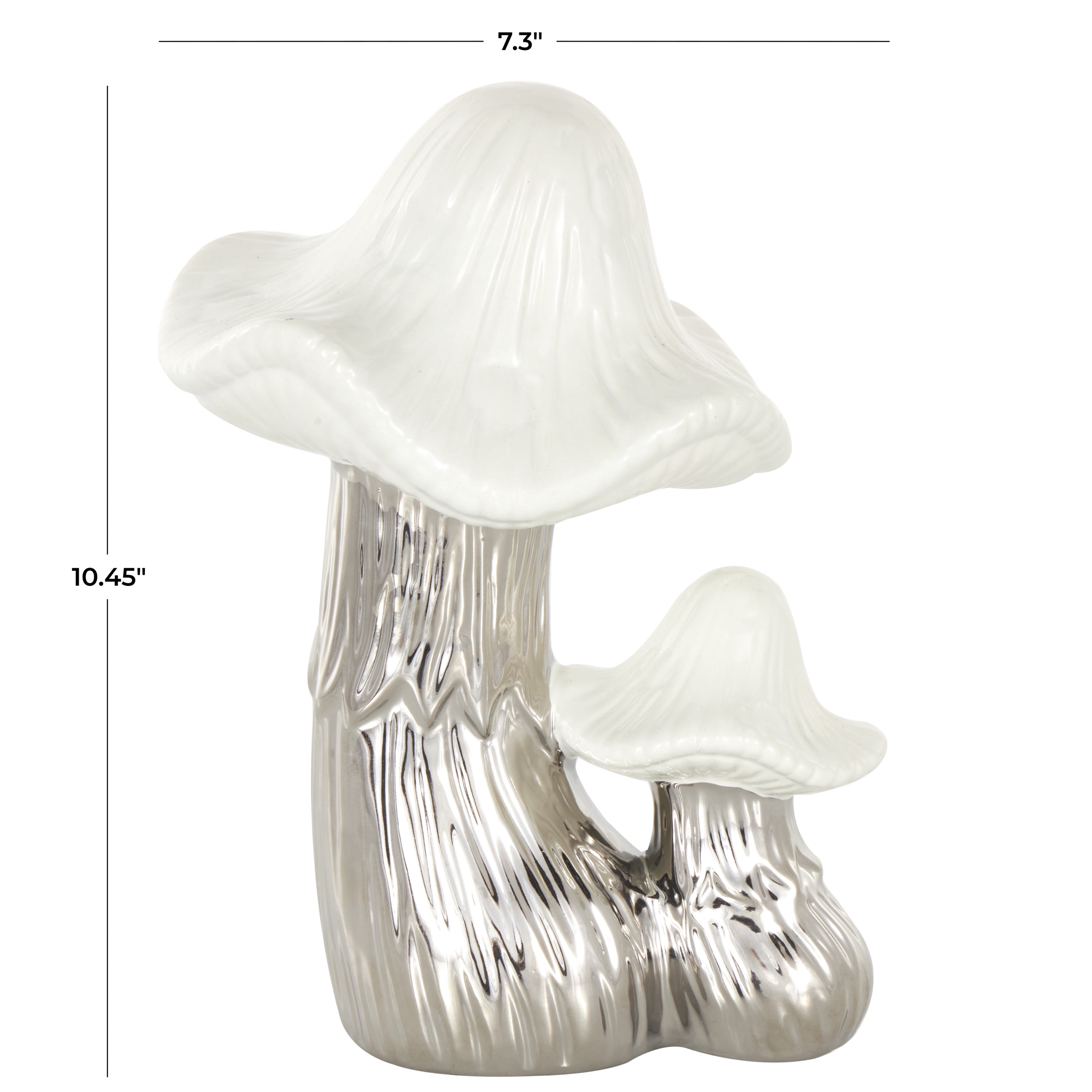 7" x 10" Silver Ceramic Mushroom Sculpture with White Tops and Textured Grooves, by DecMode