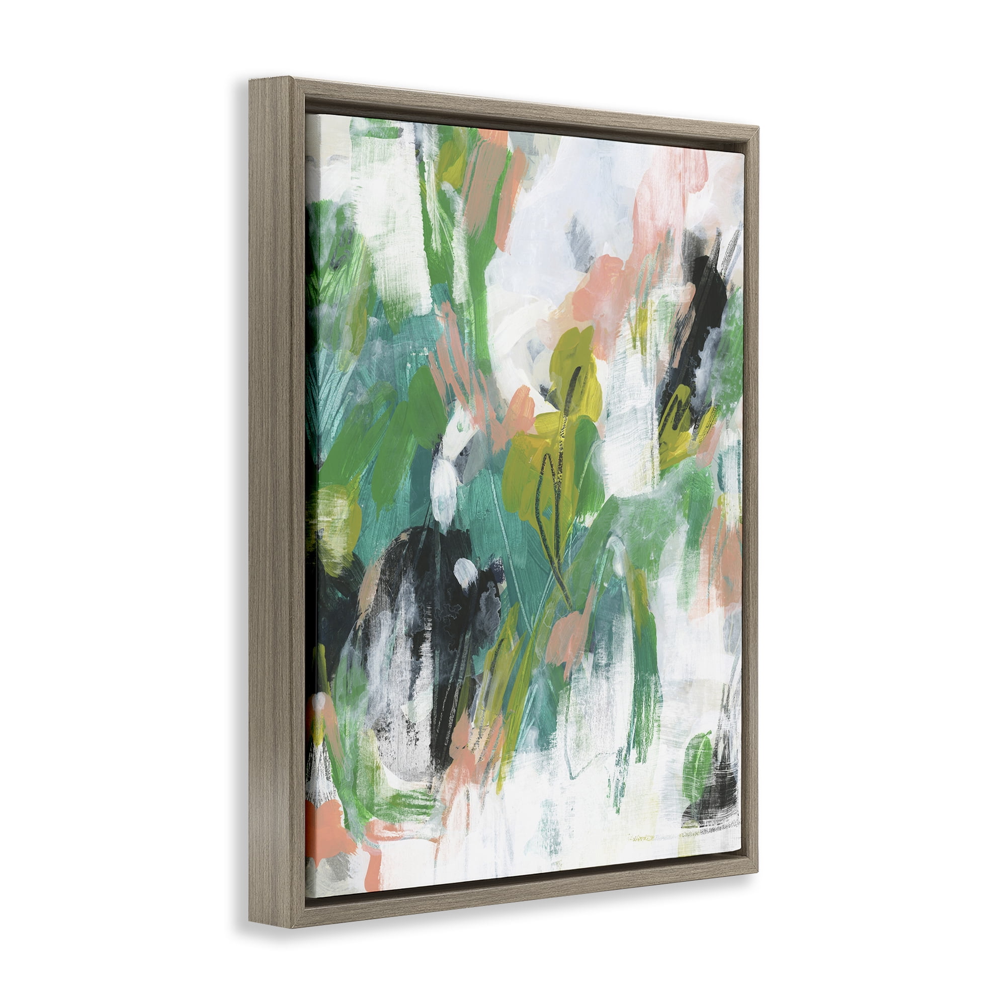 Stupell Industries Chaotic Green & Pink Abstract Abstract Painting Brown Floater Framed Canvas Art Print Wall Art, 25 x 31