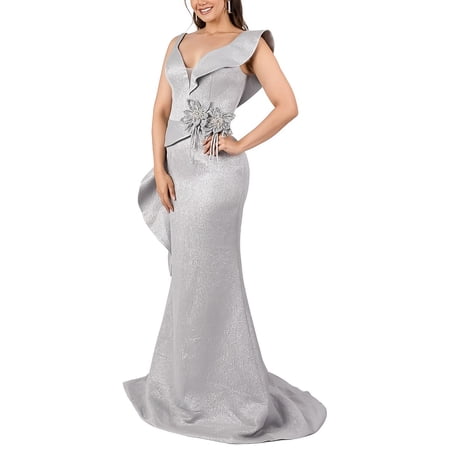 Terani Couture womens Side Ruffle Collar Solid Maxi Dress, 8