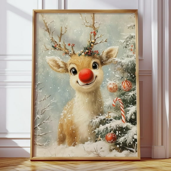MSFCON Rudolf Reindeer Oil Painting Art Print Christmas Holiday Decor Red Nose Reindeer Vintage Christmas Tree Wall Art