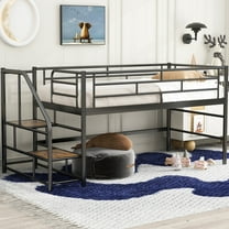 Bellemave Low Loft Bed with Stairs, Metal Twin Size Junior Loft Bed Frame with Steps, Space-Saving Loft Bed for Bedroom（Black)