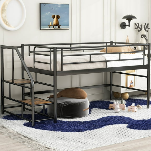 Bellemave Low Loft Bed with Stairs, Metal Twin Size Junior Loft Bed Frame with Steps, Space-Saving Loft Bed for Bedroom(Black)