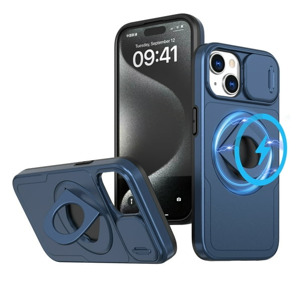 for iPhone 15 Plus Case with Sliding Camera Cover, Compatible with MagSafe Built-in 360° Rotatable Invisible Kickstand Military Grade Shockproof Protective Magnetic Phone Case, Blue