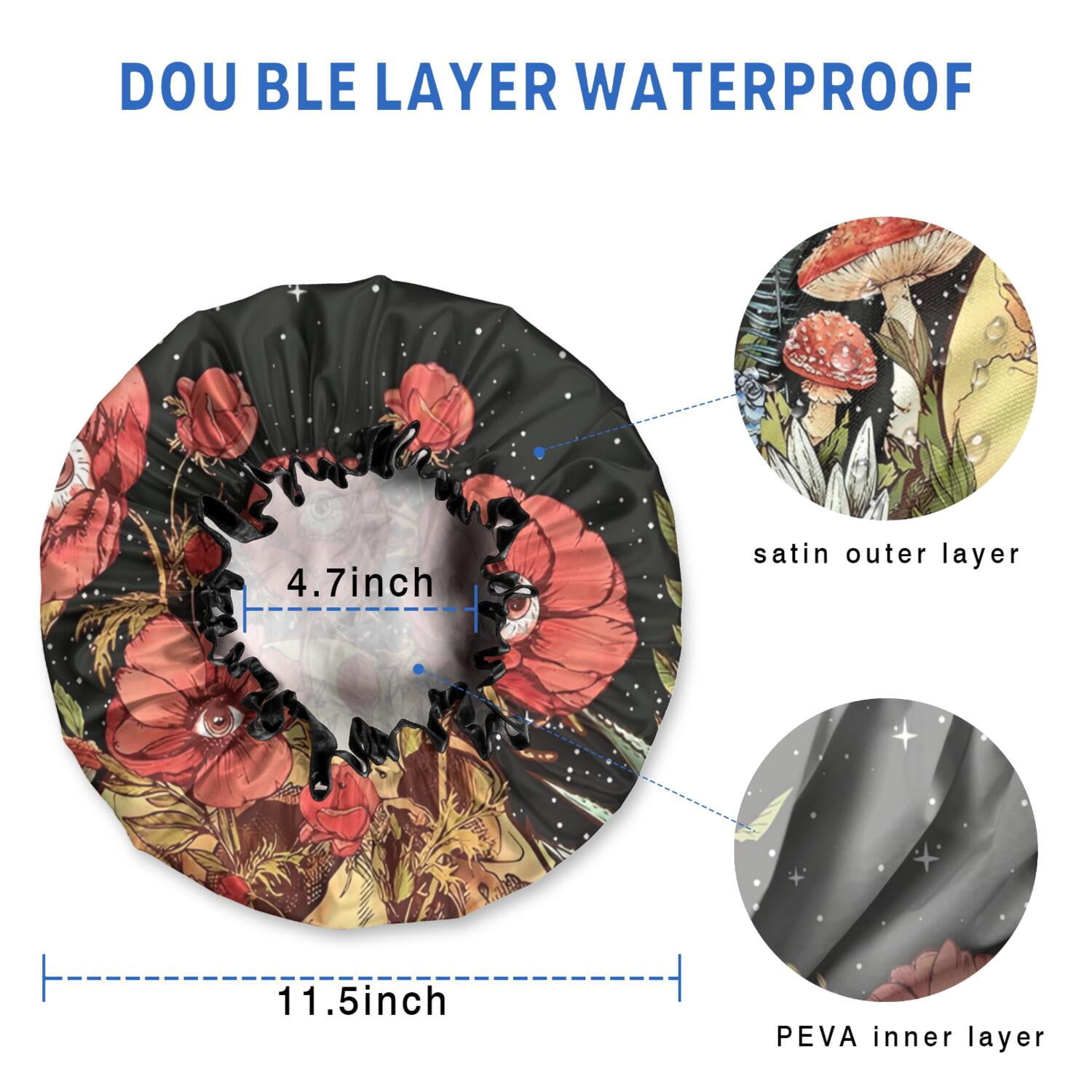 Shower Caps,Black Gothic Skull Flower Pattern Waterproof Shower Cap for Women 4 Pieces,Double Reusable Hair Cover for Shower PEVA Elastic Stretch Hem