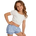 thumbnail image 3 of Girls Plaid Ruffled Bloomers, Elastic Waist Cute Gingham Shorts with Bow for Playdates and Casual Outings Blue 120, 3 of 8