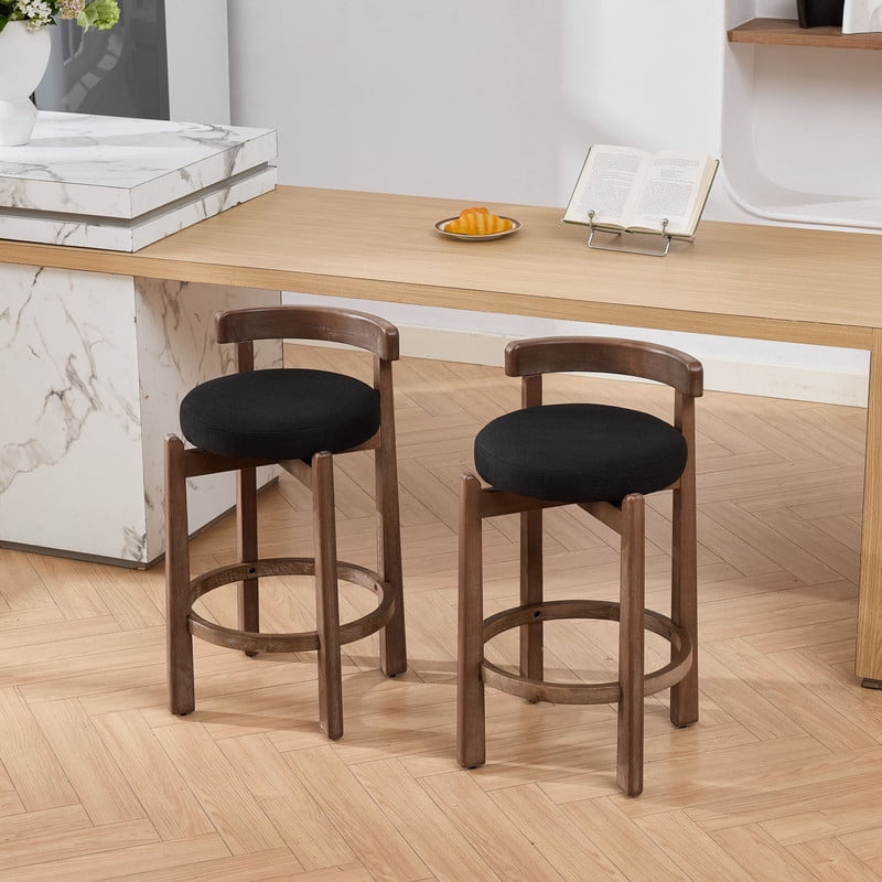 26'' Seat Height Swivel Bar Stools Set of 2, Mid-Century Modern Counter Stools, Linen Upholstered Pub Chairs with Footrest
