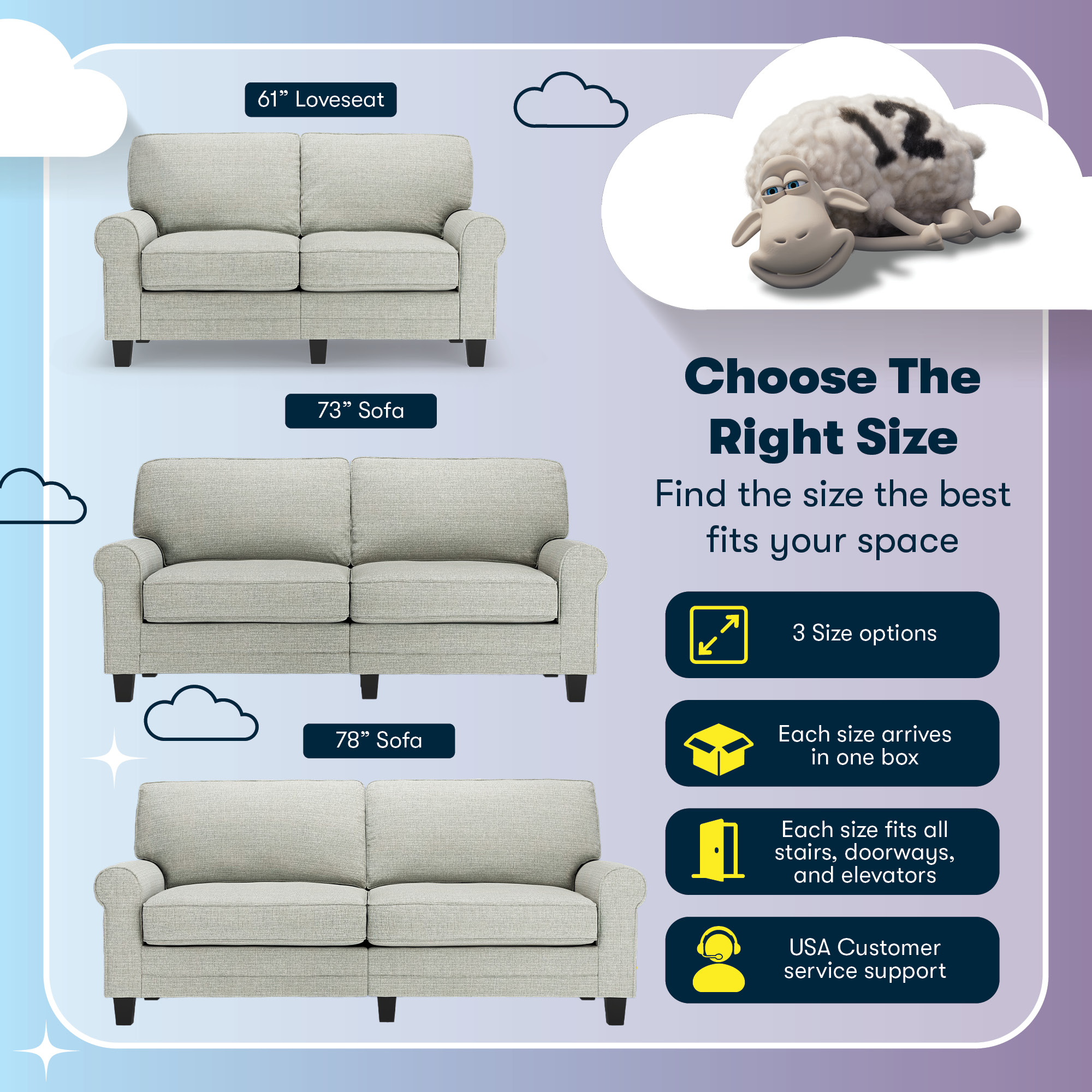 Serta Copenhagen 61" Rolled Arm Sofa, Easy Care Polyester, Loveseat or Couch for Small Spaces, Living Rooms or Bedrooms, Pebble Gray