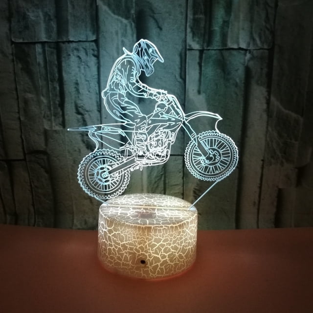 Lámpara LED 3D de motocicleta, estilo art déco, luces LED decorativas, control remoto, 7/16 colores cambiantes, alimentación por USB, regalo para niños, cumpleaños, Navidad, Halloween (grietas).