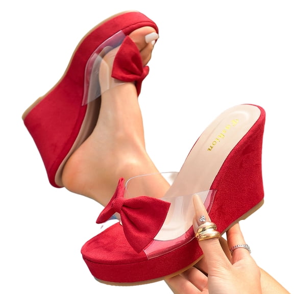SACFOF Women Platform Sandals Clear Peep Open Toe Slip-on Wedge High Heel Dress Shoes Office Party Wedding Patent 4 Inch