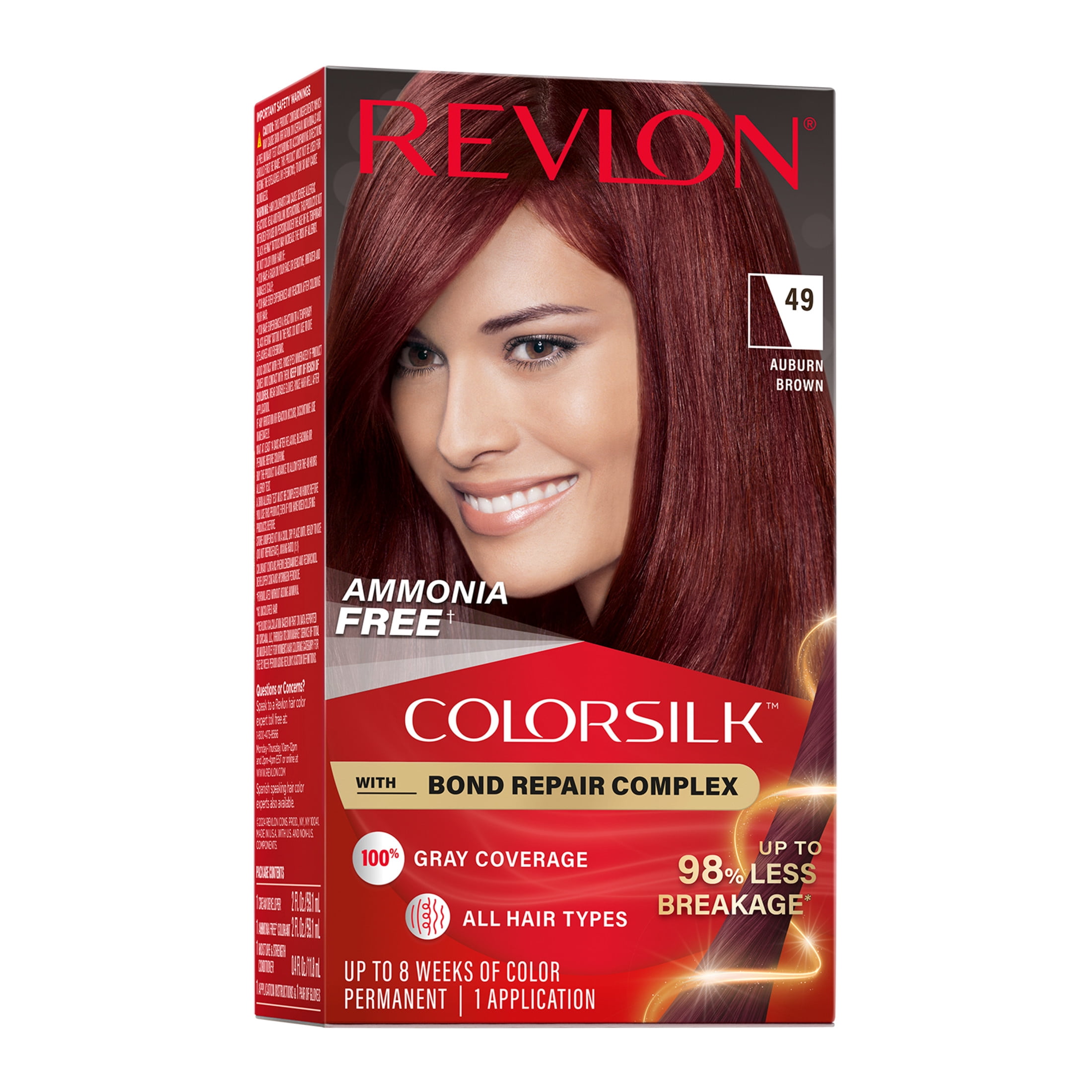 (3 pack) Revlon ColorSilk Permanent Hair Color, Bond Repair Complex, 49 Auburn Brown, 1 pack