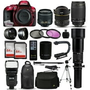 Nikon D5300 Red DSLR Digital Camera + 18-55mm VR II + 6.5mm Fisheye + 55-300mm VR + 650-2600mm Lens + Filters + 128GB Memory + Action Stabilizer + i-TTL Autofocus Flash + Backpack + Case + 70" Tripod