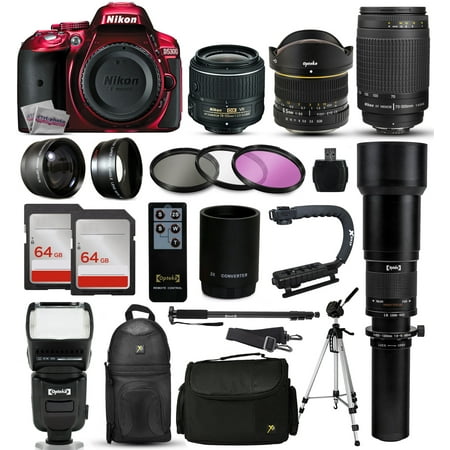 Nikon D5300 Red DSLR Digital Camera + 18-55mm VR II + 6.5mm Fisheye + 55-300mm VR + 650-2600mm Lens + Filters + 128GB Memory + Action Stabilizer + i-TTL Autofocus Flash + Backpack + Case + 70" Tripod