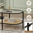 thumbnail image 3 of 2-Tier Oval Coffee Table with Water-Wave Tempered Glass Top Faux Rattan Shelf Boho Style Easy Assembly for Living Room Office Black, 3 of 8