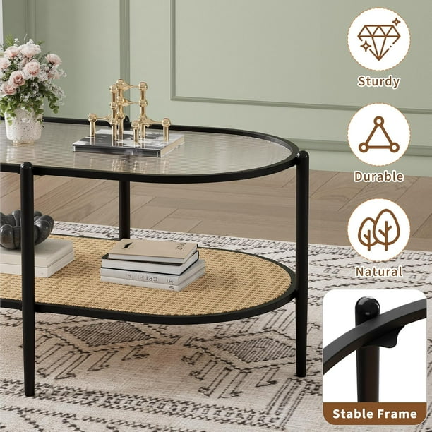 Historyli Mesa de centro de ratán de dos niveles,estilo bohemio,ovalada,con tablero de cristal templado,estilo rústico,con ondas de agua,de metal,para té,estante de almacenamiento