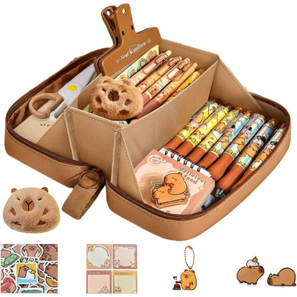 Estuche para lápices con capibara, gran capacidad, boca ancha, con alfileres, pegatinas, colgante y bloc de notas, material escolar con capibara, muy bonito