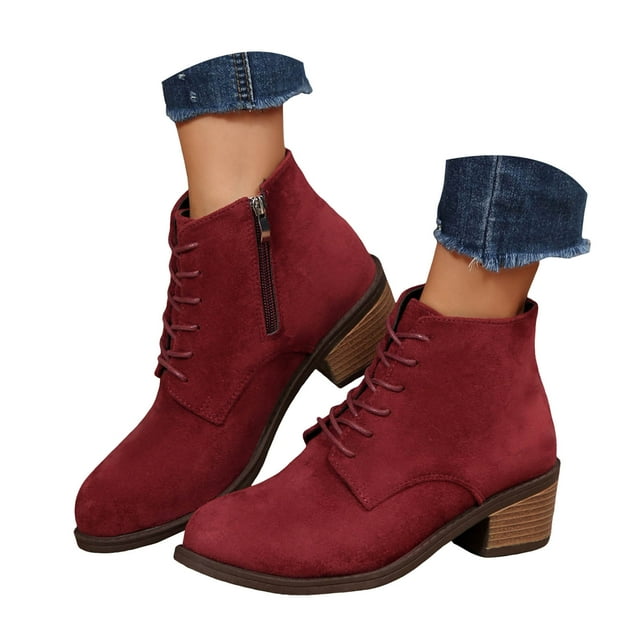 Leozcaa Bottines à Talon Moyen Empilées avec Fermeture Éclair pour Femmes, Lacets Confortables