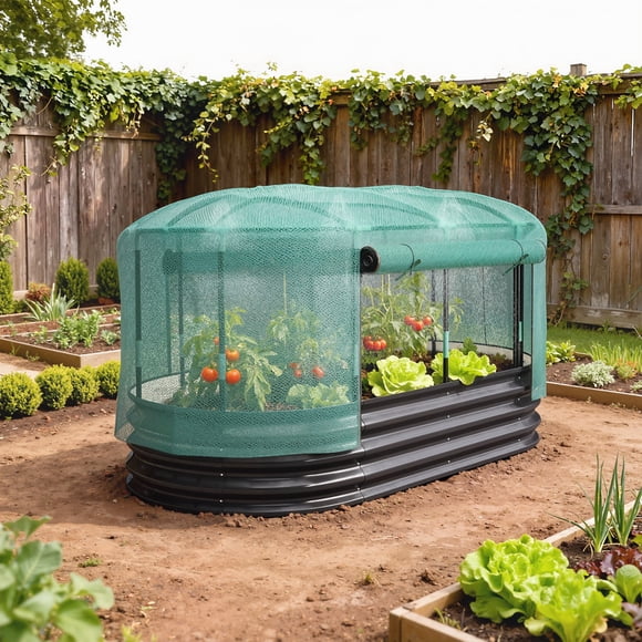 JWRWEFA Raised Garden Bed Kit 6x3 ft with Protective Crop Cage, Outdoor Planter Box, Irrigation System, Easy-Zip Access, Galvanized Steel, Dark Gray
