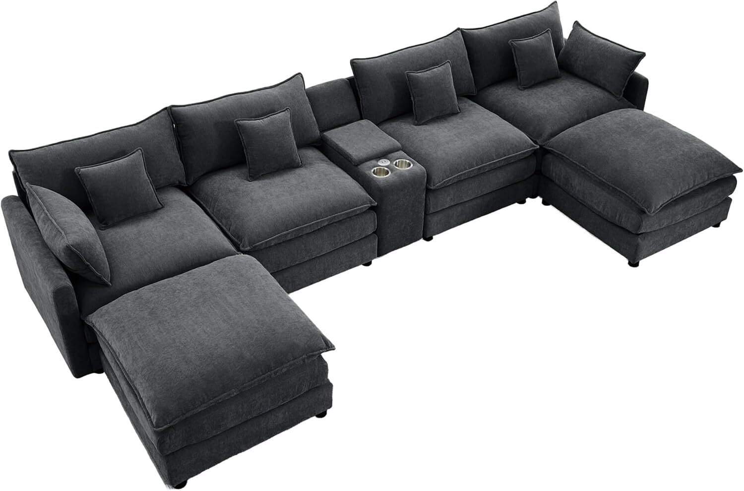 avobird Oversided 145" U Shaped Cloud Couch Sectional, DeepSeat Sofa Bed with USB Charging, Hidden Storage, Cup Holders & Chenille Double Chaise, Gray