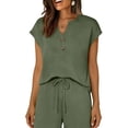 thumbnail image 6 of Aimik Plain Two-Piece Set for Women Spring Summer Loose Comfort Womens Sports Suits V Neck Short Sleeve Tops and Wide-Leg Trouser Sets, 6 of 6