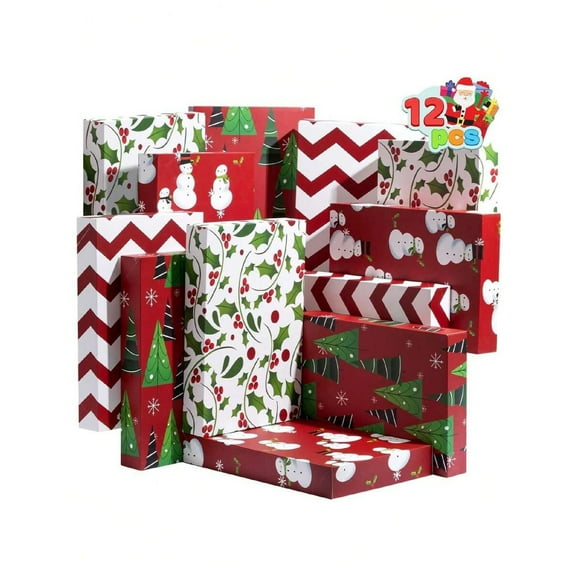12 Pcs Christmas Gift Boxes - 4 Designs Tone Shirt Wrap Goody Boxes for Christmas, Birthdays & Weddings