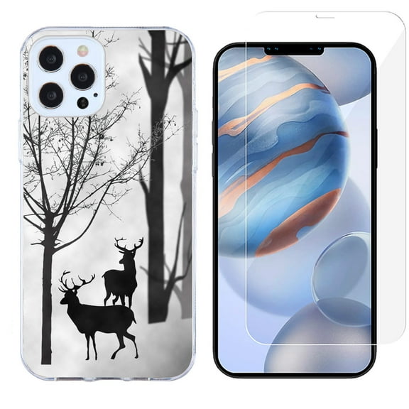 Slim-Fit Protective Phone Case compatible with iPhone 12 Pro Max, with Tempered Glass Screen Protector, by OneToughShield ® - Forest Deer