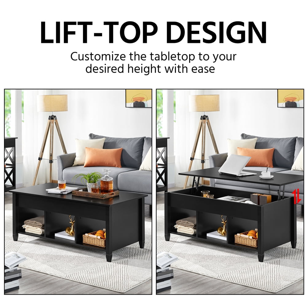Alden Design 47.5 inch Wooden Lift Top Coffee Table with 3 Storage Compartments, Black