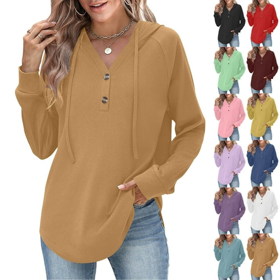 Hoodies for Women Trendy Button V Neck Fleece Sweatshirt Long SLeeve Casual Loose Pullover Tops Fall Fashion Shirts