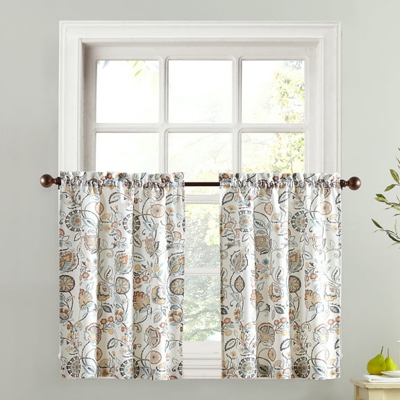 Top of the Window Signy Jacobean Pattern Light Filtering Rod Pocket Kitchen Curtains, 54"x36"