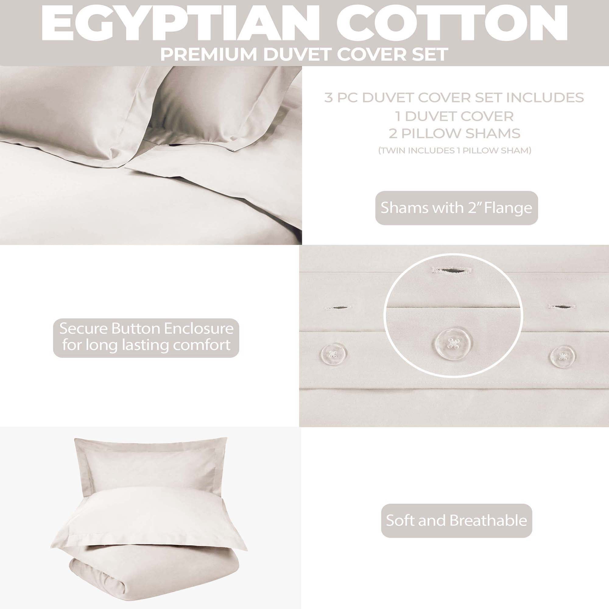 BNM 300 Thread Count Egyptian Cotton Duvet Cover Set, Full/Queen, Light Gray