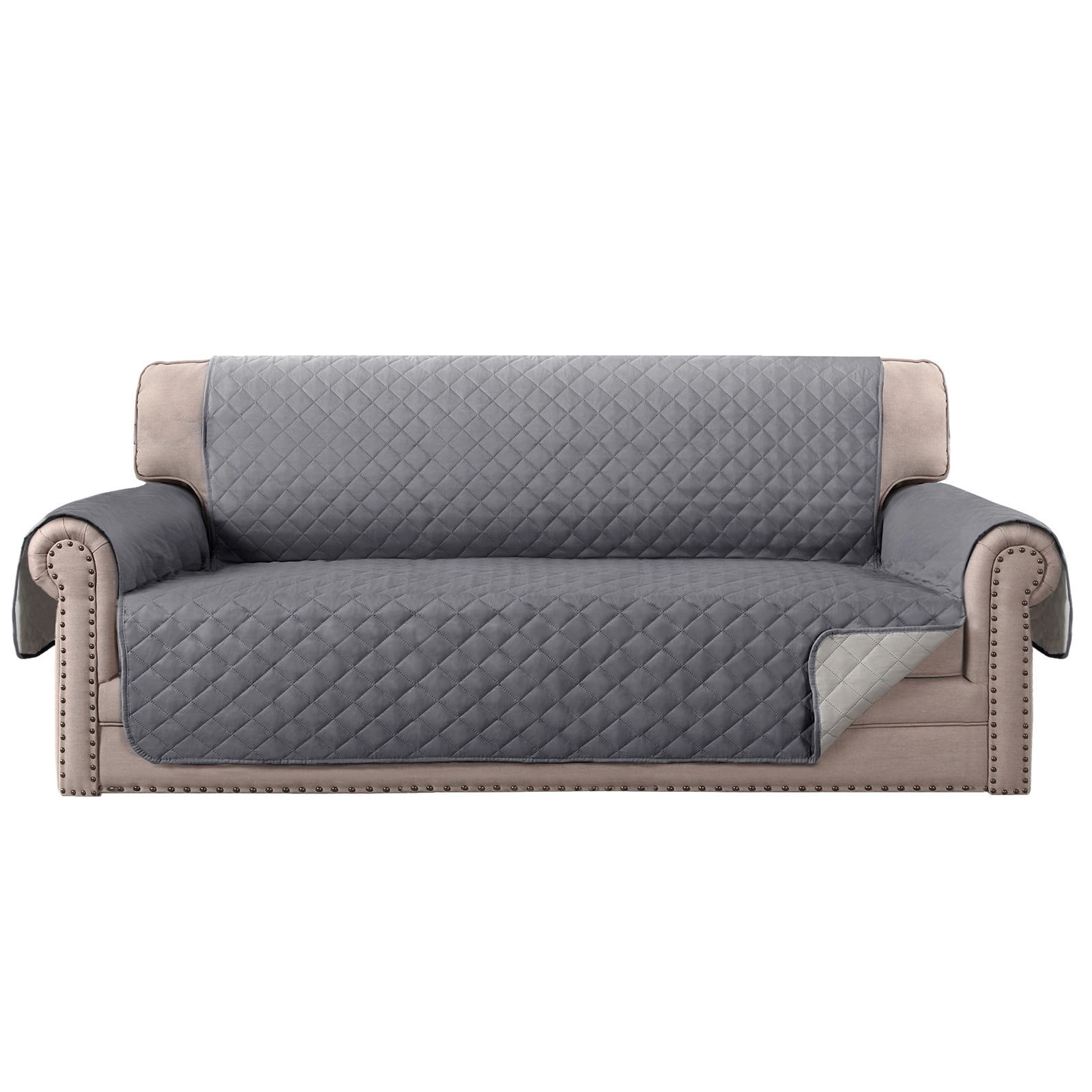 Quilted 3 Seater Sofa Cover Slipcover, Furniture Protector for Couch, Polyester Home Decor (Gray)