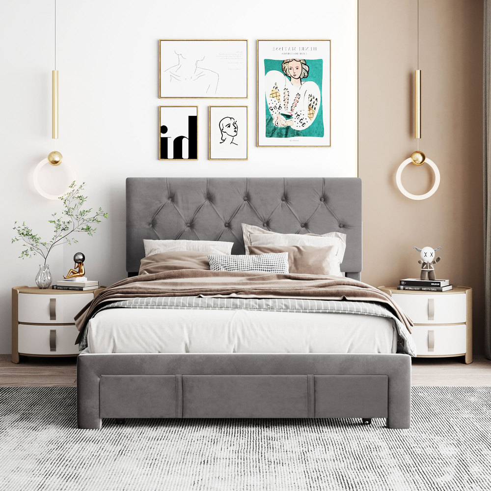 Full Size Upholstered Bed Frame, Platform Bed Frame with Storage Drawers, Full Size Bed Include Velvet Headboard Wingback and Strong Wood Slats Support, No Box Spring Needed, Gray