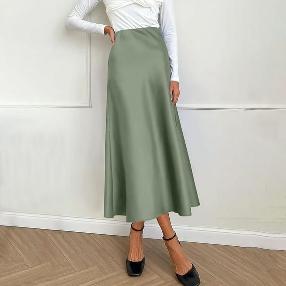 STAOEDU Midi Skirts for Women High Waist Silk Stain Casual A Line Zipper Skirt