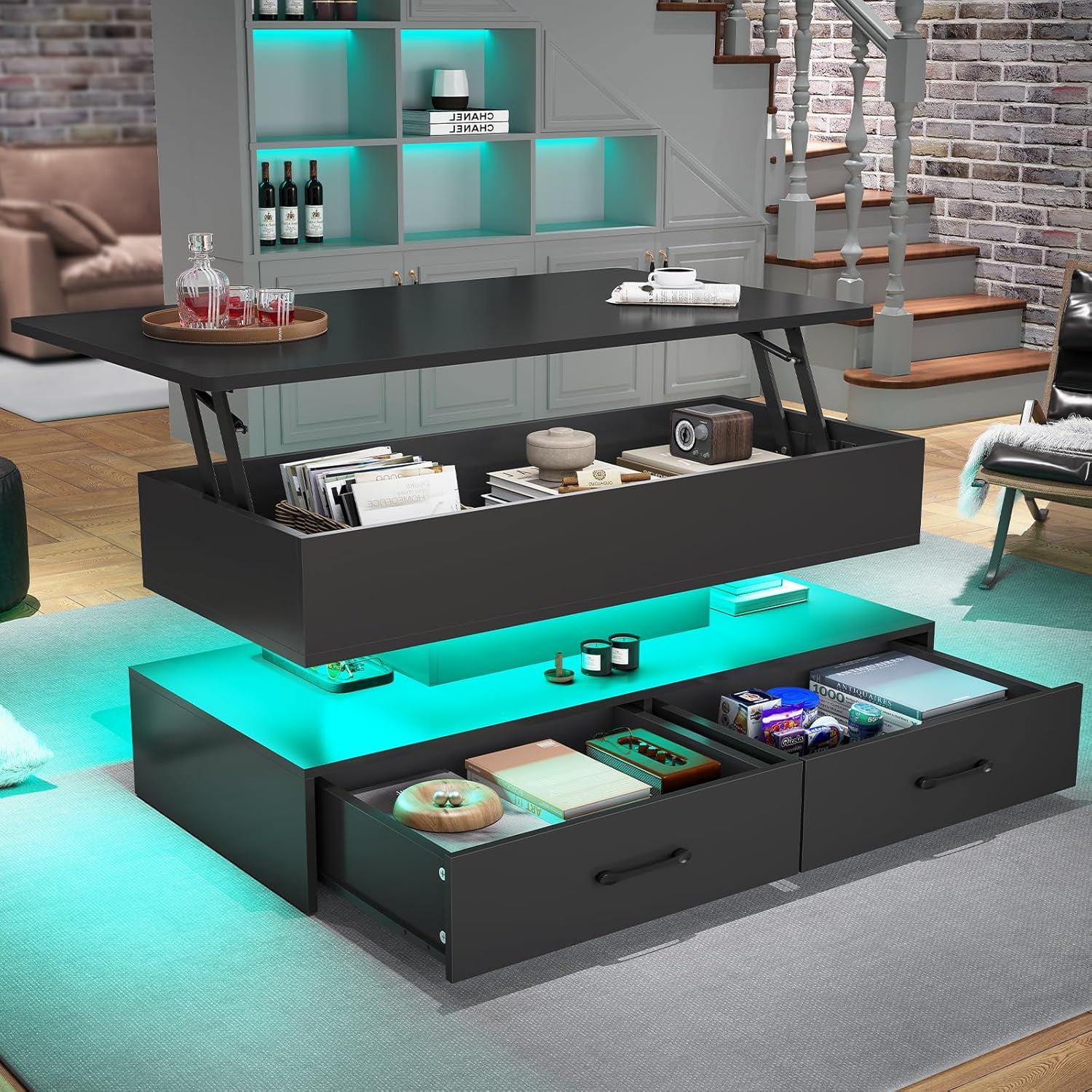 40" Lift Top Coffee Table with Storage, Modern Coffee Table with LED Lights and 2 Drawers, Small Coffee Table for Living Room, Dining Reception Room, Black