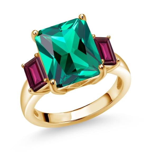 Gem Stone King 6.94 Ct Green Nano Emerald Red Rhodolite Garnet 18K Yellow Gold Plated Silver 3-Stone Ring (Size 5)