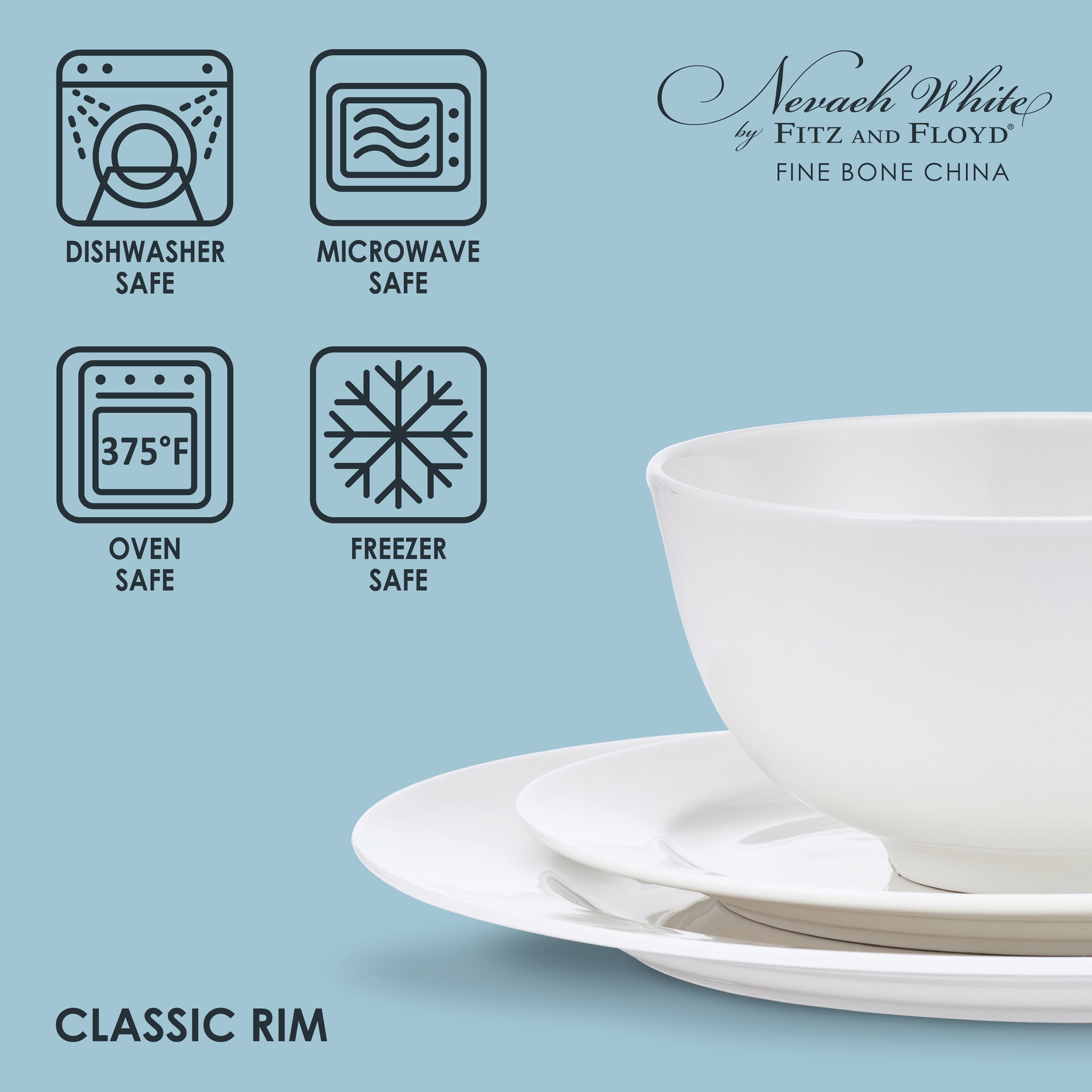 Fitz and Floyd Nevaeh White Classic Rim 12-Piece Bone China Dinnerware Set (Service for 4)