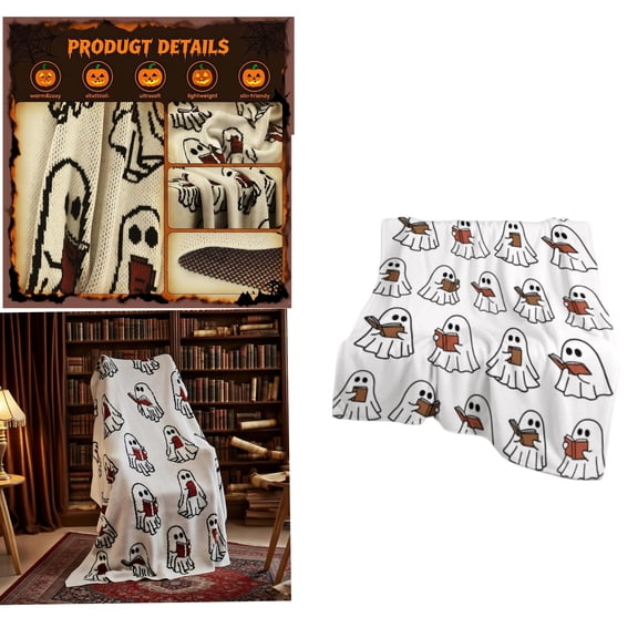 Halloween Ghost Reading Book Blanket, Halloween Ghost Reading a Book Throw Blanket, Soft Knit Throw with Ghosts Reading Book Pattern Halloween Decoration Gift