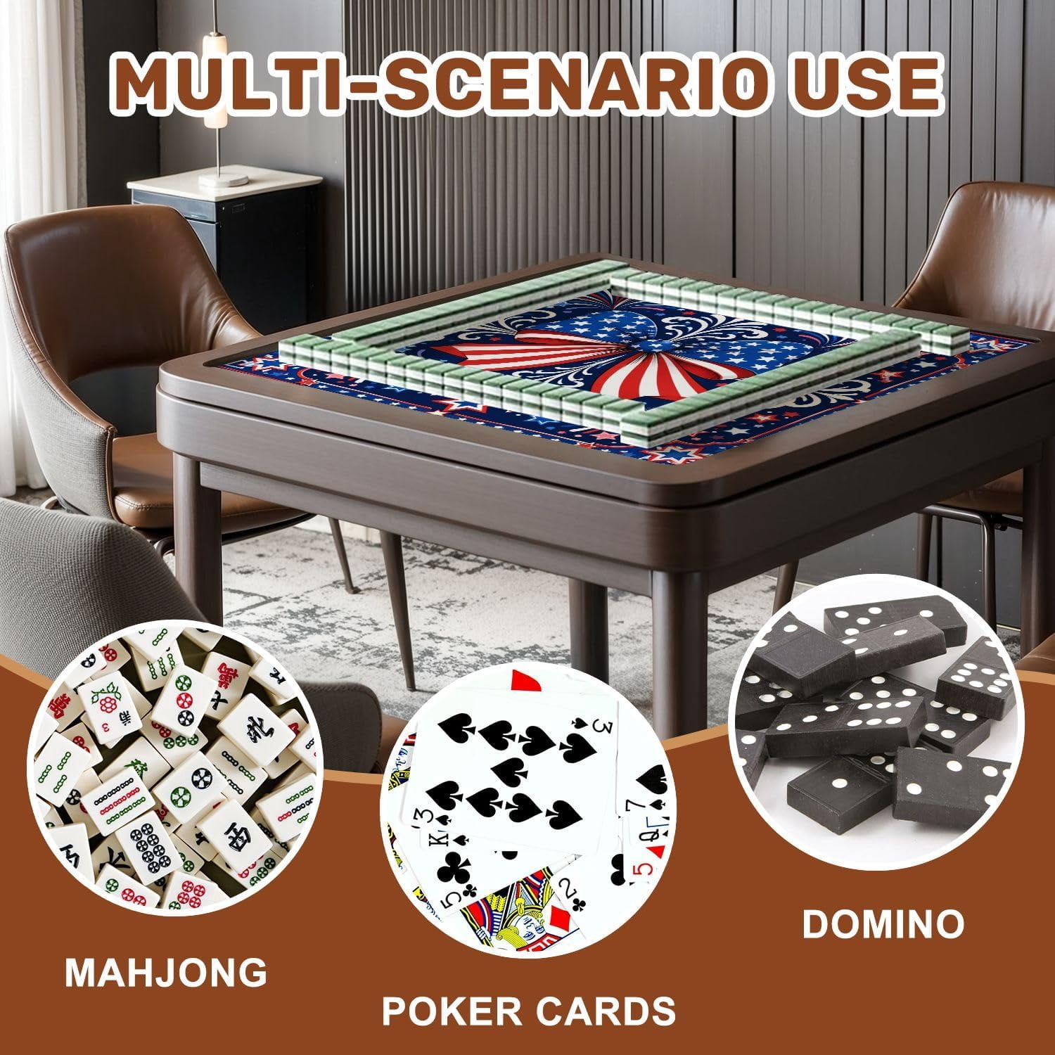 Mahjong Mat with Carrying Bag 31.5" x 31.5" Non-Slip Noise Reduction Patriotic Red White Blue Star Spangled Ribbon Bow Table Mat for Mahjong Board Game Tile Games Independence Day Decorations
