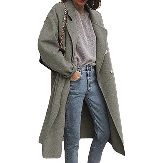LinYooLi Trench Coats for Women Casual Button Up Lapel Long Solid Color Coat Wool Blend Overcoat Shacket Jacket