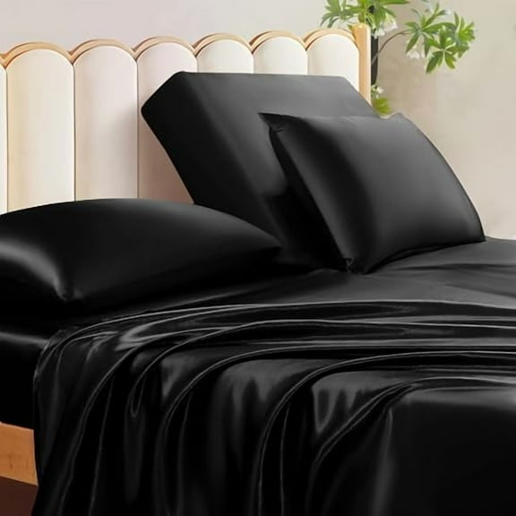 4Pcs Half Split Flex Head King Sheets Sets for Adjustable Bed, Satin Split King Bed Sheets Silky Black Satin Sheets Top Flex Sheet - Cooling Sheet Set with 14-16 Inch Deep Pockets