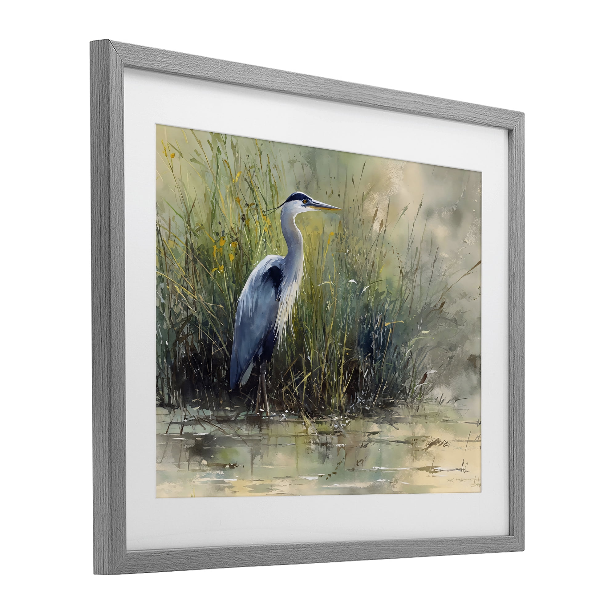 Stupell Industries Heron In The Grass Gray Framed Print Under Glass, design by Franklyn Gregory
