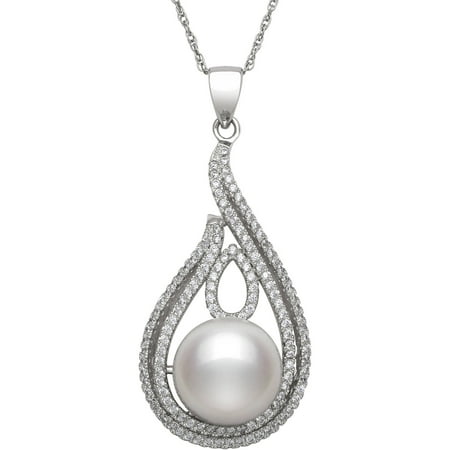 12-13mm Button Cultured Freshwater Pearl and CZ Sterling Silver Teardrop Box Chain Pendant, 18