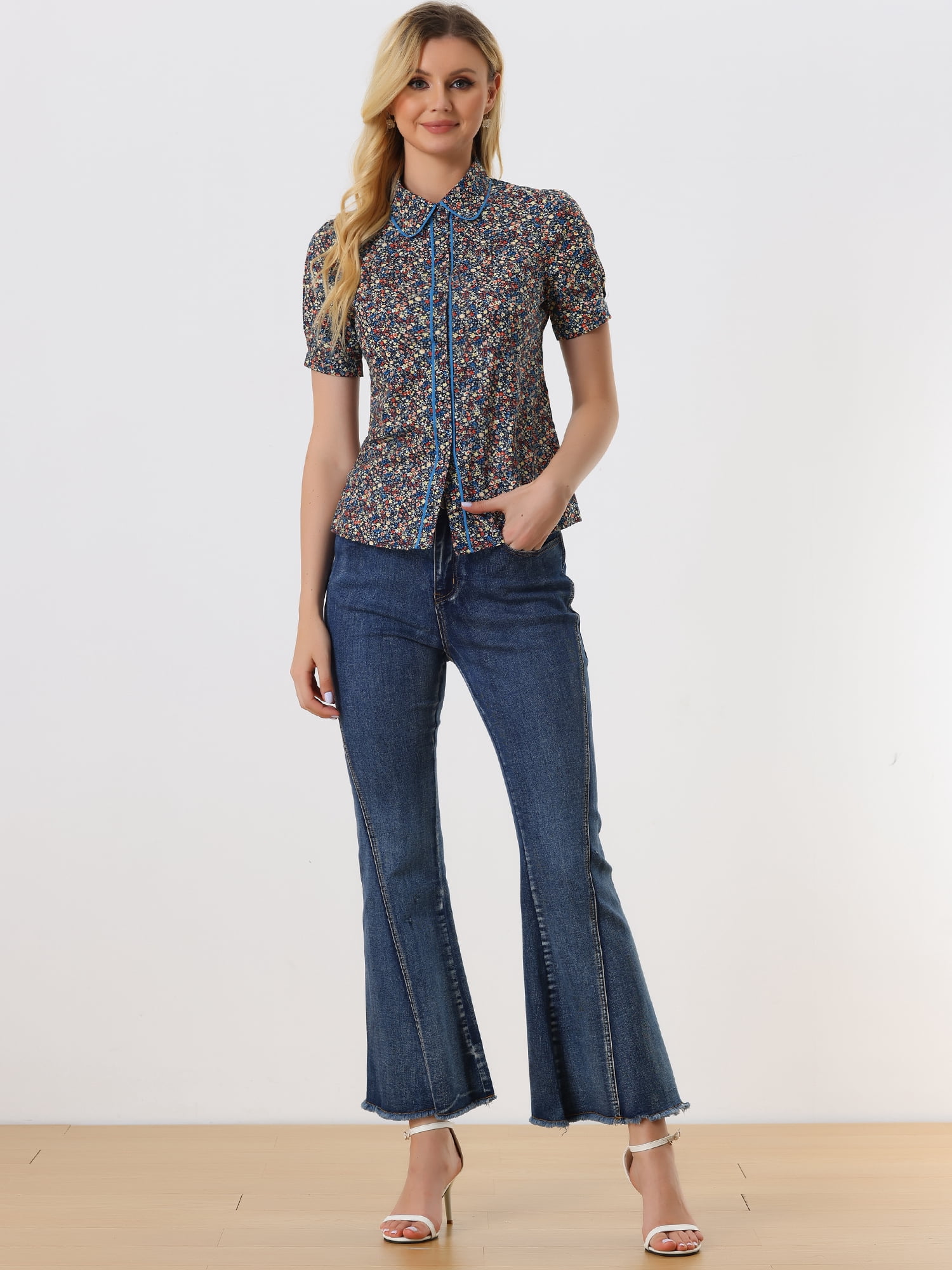DARING DIVA Contrast Trim Puff Sleeve Peasant Shirt S Dark Blue