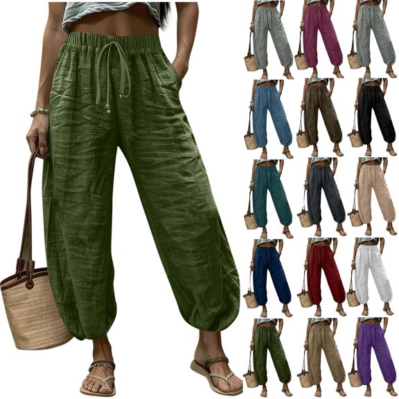 Betivan Women's Linen Harem Pants Casual Loose Baggy Trousers with Pockets Drawstring Elastic Waist Wide Leg Summer Lightweight Pants Beach Travel Vacation