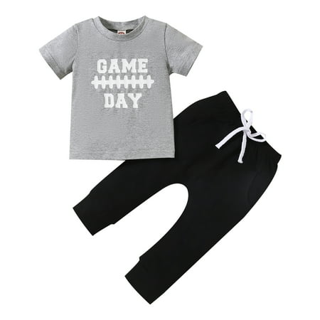 

Binwwede Baby Boys Summer Outfit Sets Gray Short Sleeve Letter Print T-shirt + Black Casual Pants