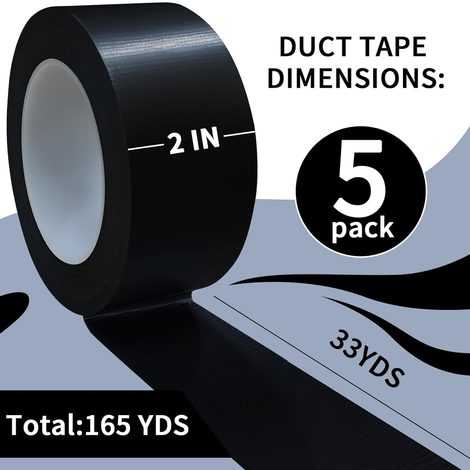 OSIMIG 5 Pack Duct Tape Heavy Duty Waterproof, 33 Yards x 2 Inch Strong Adhesive No Residue Black Duct Tape Bulk for Home Use, Projects, Outdoor Repairs, Tear by Hand