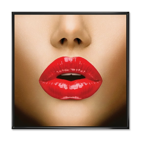 Designart 'Sexy Woman Lips Beautiful Make-Up Close-Up Kiss' Modern Framed Canvas Wall Art Print