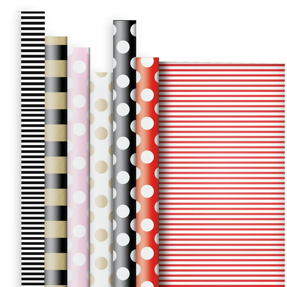 Jillson Roberts 6 Roll-Count All-Occasion Solid Color Gift Wrap Available in 6 Different Assortments, Double-Sided Stripes and Dots