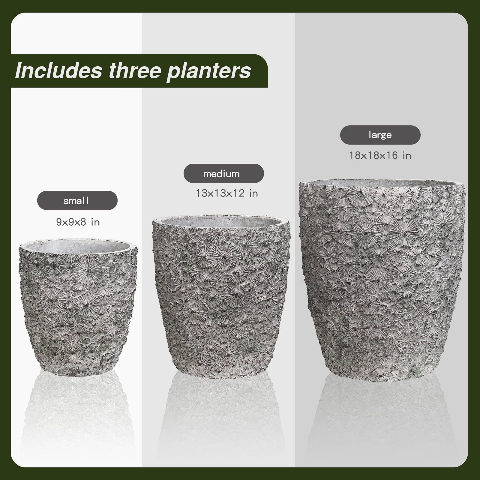 Large Concrete Planters Set of 3, Big Round Outdoor Indoor Garden Pots with Drainage Hole & Rubber Plug, 18/13/9 Inch Diameter ( (SH001)