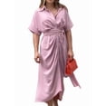 thumbnail image 2 of Women'S Summer Button Down Ruched Shirt Dresses Short Sleeve Lapel V Neck Party High Waisted Maxi Dress Pink S, 2 of 9