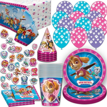Paw Patrol Girls Party Supplies for 16. Includes Plates, Cups, Napkins, Tablecloth, Stickers, Balloons, Birthday Hat. Pink and Purple Theme Dinnerware Decoration and Favors